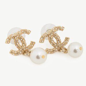 Chanel D22 Gold-Tone Pearl-Embellished CC Dangling-Charm Stud Earrings